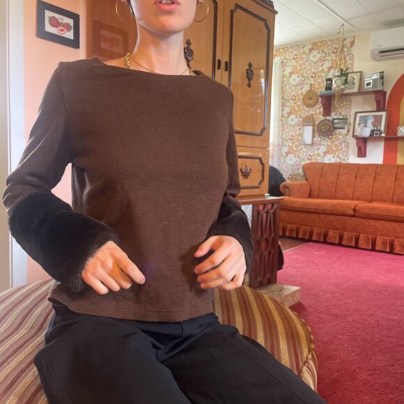 Y2K wool blend fur sleeve brown boatneck cropped sweater! - Picture 7 of 14